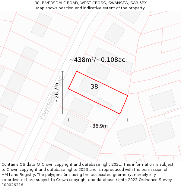 38, RIVERSDALE ROAD, WEST CROSS, SWANSEA, SA3 5PX: Plot and title map