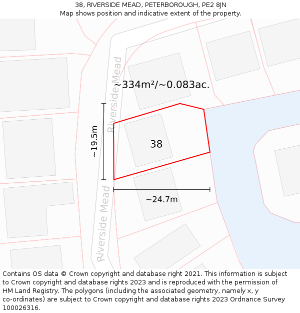 38, RIVERSIDE MEAD, PETERBOROUGH, PE2 8JN: Plot and title map