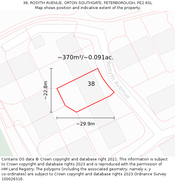 38, ROSYTH AVENUE, ORTON SOUTHGATE, PETERBOROUGH, PE2 6SL: Plot and title map