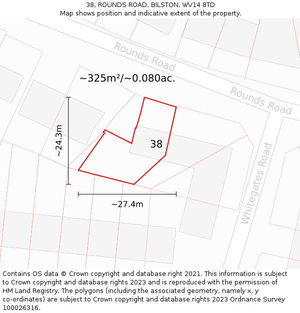 38, ROUNDS ROAD, BILSTON, WV14 8TD: Plot and title map