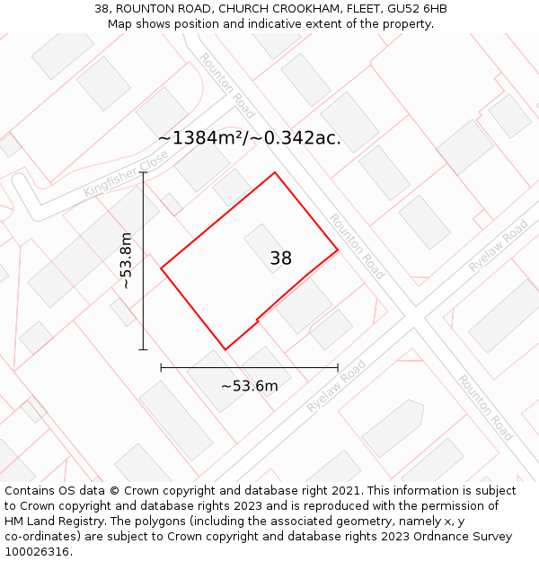 38, ROUNTON ROAD, CHURCH CROOKHAM, FLEET, GU52 6HB: Plot and title map