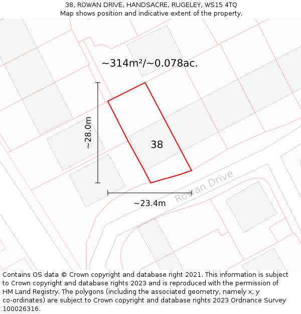38, ROWAN DRIVE, HANDSACRE, RUGELEY, WS15 4TQ: Plot and title map
