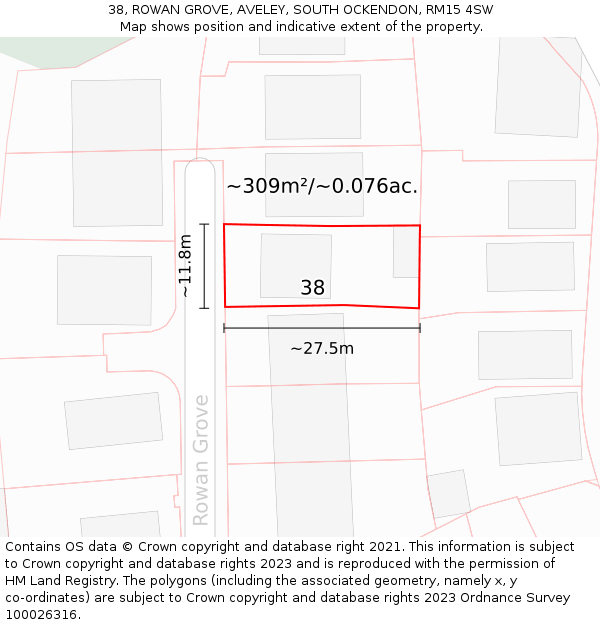 38, ROWAN GROVE, AVELEY, SOUTH OCKENDON, RM15 4SW: Plot and title map