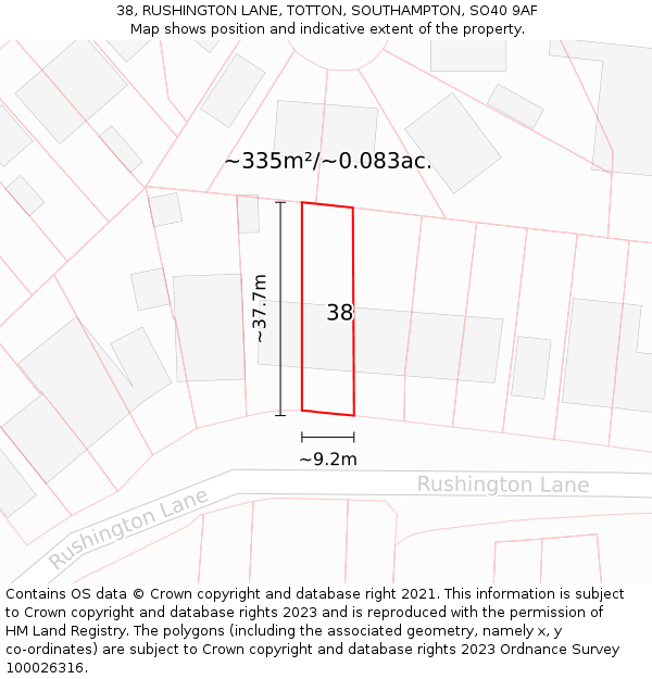 38, RUSHINGTON LANE, TOTTON, SOUTHAMPTON, SO40 9AF: Plot and title map