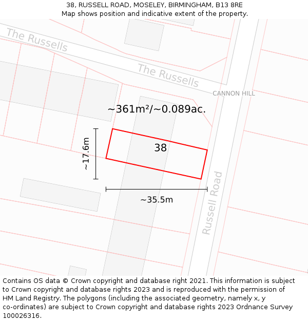 38, RUSSELL ROAD, MOSELEY, BIRMINGHAM, B13 8RE: Plot and title map