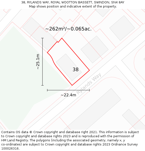 38, RYLANDS WAY, ROYAL WOOTTON BASSETT, SWINDON, SN4 8AY: Plot and title map