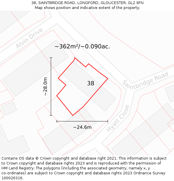 38, SAINTBRIDGE ROAD, LONGFORD, GLOUCESTER, GL2 9FN: Plot and title map