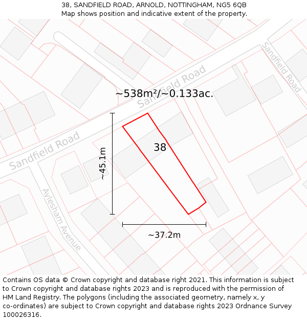 38, SANDFIELD ROAD, ARNOLD, NOTTINGHAM, NG5 6QB: Plot and title map