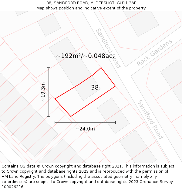 38, SANDFORD ROAD, ALDERSHOT, GU11 3AF: Plot and title map