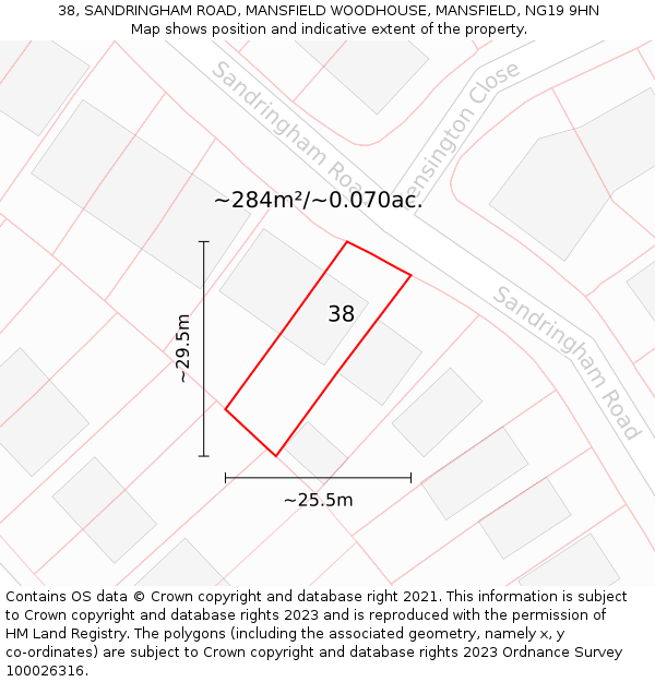 38, SANDRINGHAM ROAD, MANSFIELD WOODHOUSE, MANSFIELD, NG19 9HN: Plot and title map