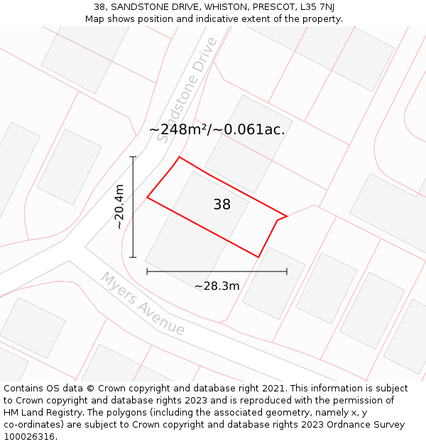 38, SANDSTONE DRIVE, WHISTON, PRESCOT, L35 7NJ: Plot and title map