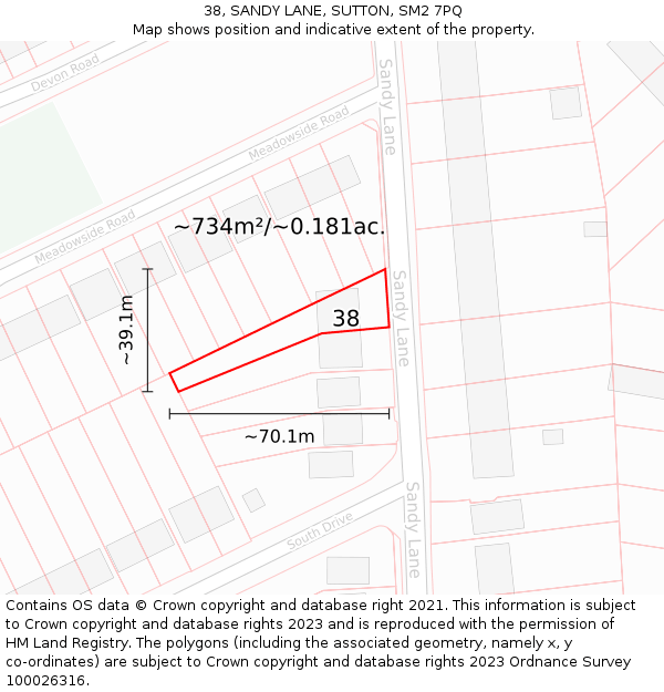 38, SANDY LANE, SUTTON, SM2 7PQ: Plot and title map