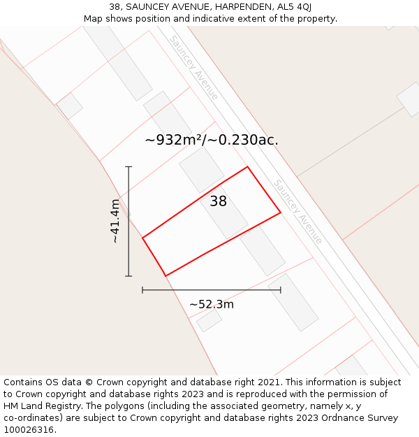 38, SAUNCEY AVENUE, HARPENDEN, AL5 4QJ: Plot and title map