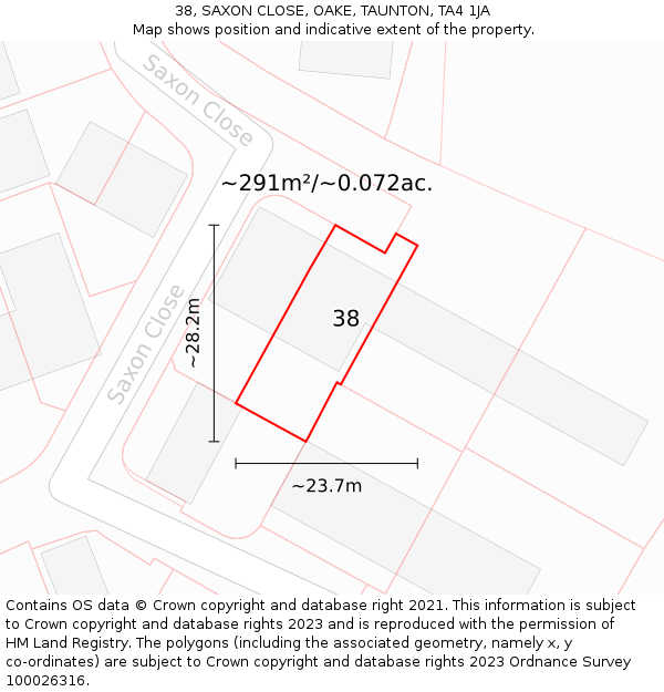 38, SAXON CLOSE, OAKE, TAUNTON, TA4 1JA: Plot and title map