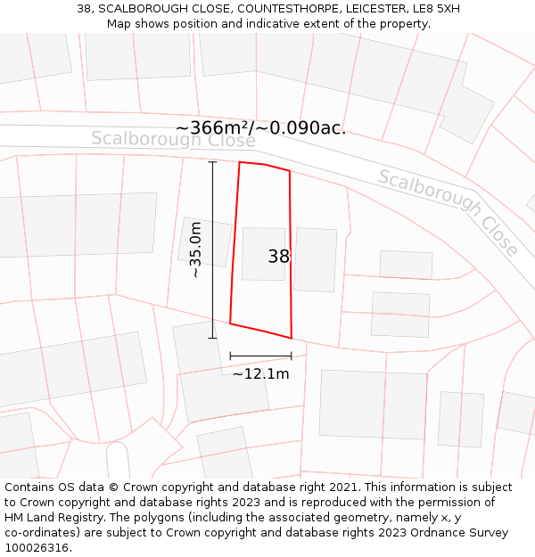 38, SCALBOROUGH CLOSE, COUNTESTHORPE, LEICESTER, LE8 5XH: Plot and title map
