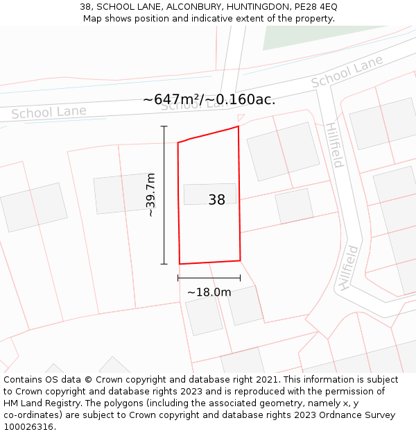 38, SCHOOL LANE, ALCONBURY, HUNTINGDON, PE28 4EQ: Plot and title map