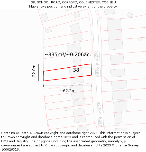 38, SCHOOL ROAD, COPFORD, COLCHESTER, CO6 1BU: Plot and title map