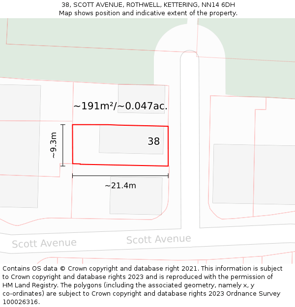 38, SCOTT AVENUE, ROTHWELL, KETTERING, NN14 6DH: Plot and title map