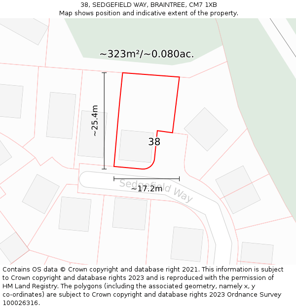 38, SEDGEFIELD WAY, BRAINTREE, CM7 1XB: Plot and title map