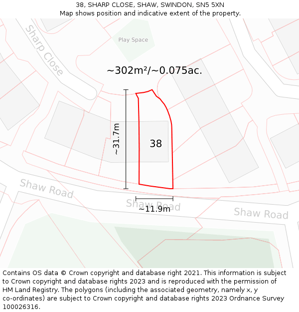 38, SHARP CLOSE, SHAW, SWINDON, SN5 5XN: Plot and title map