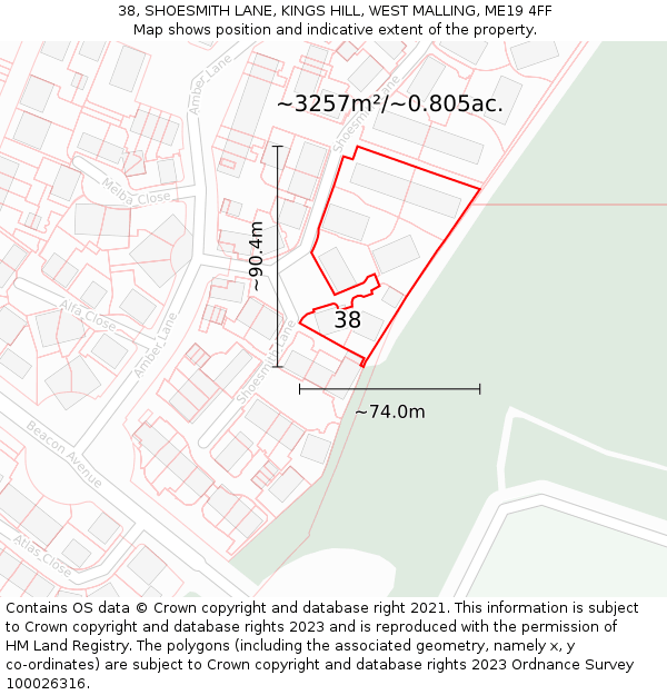 38, SHOESMITH LANE, KINGS HILL, WEST MALLING, ME19 4FF: Plot and title map