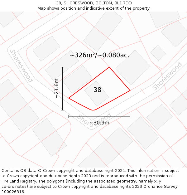 38, SHORESWOOD, BOLTON, BL1 7DD: Plot and title map