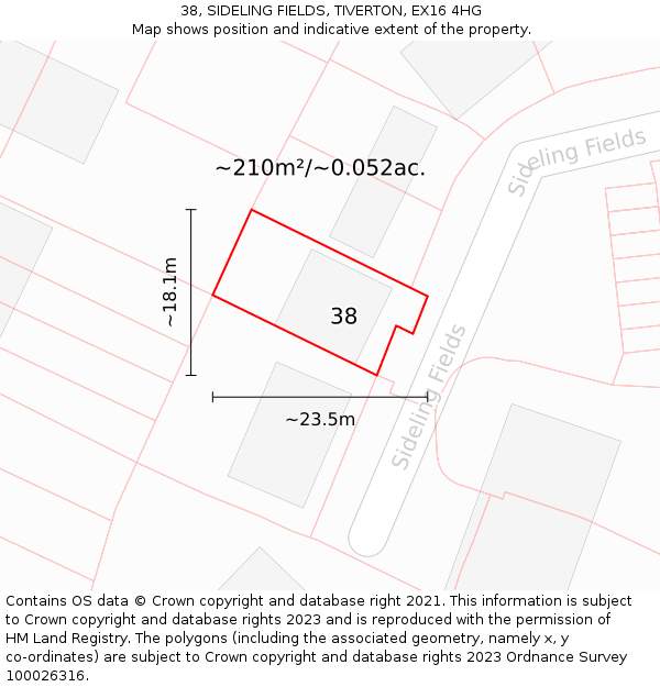 38, SIDELING FIELDS, TIVERTON, EX16 4HG: Plot and title map