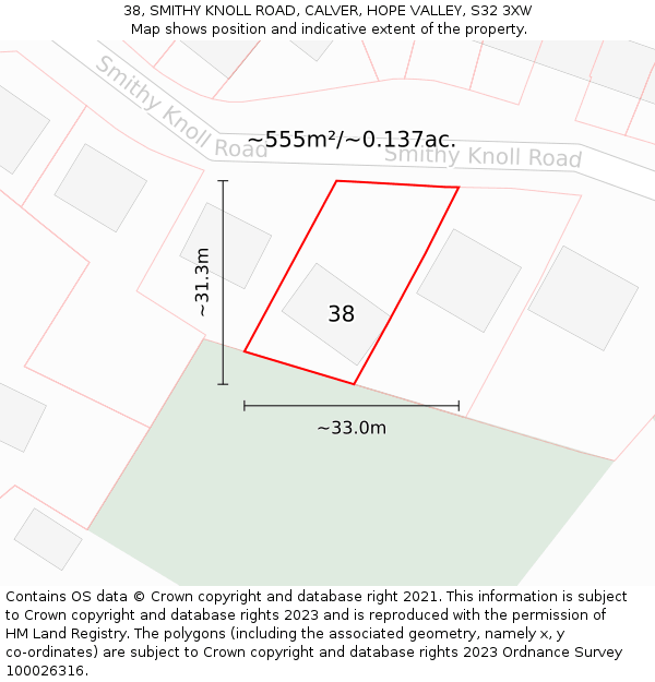 38, SMITHY KNOLL ROAD, CALVER, HOPE VALLEY, S32 3XW: Plot and title map