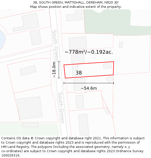 38, SOUTH GREEN, MATTISHALL, DEREHAM, NR20 3JY: Plot and title map