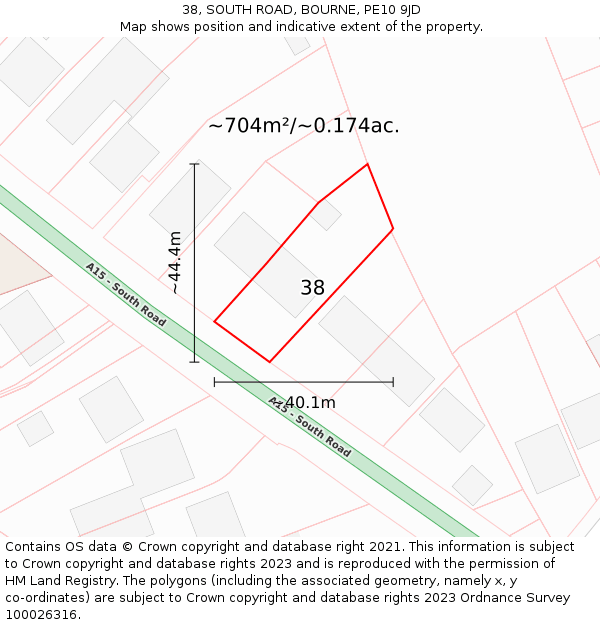 38, SOUTH ROAD, BOURNE, PE10 9JD: Plot and title map