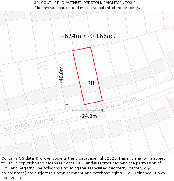 38, SOUTHFIELD AVENUE, PRESTON, PAIGNTON, TQ3 1LH: Plot and title map