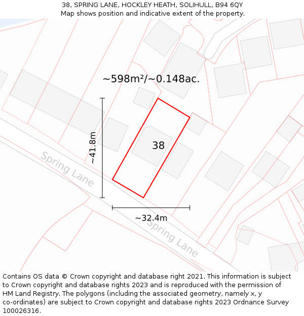 38, SPRING LANE, HOCKLEY HEATH, SOLIHULL, B94 6QY: Plot and title map