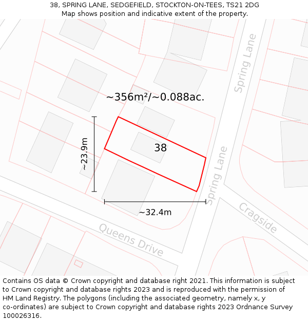 38, SPRING LANE, SEDGEFIELD, STOCKTON-ON-TEES, TS21 2DG: Plot and title map