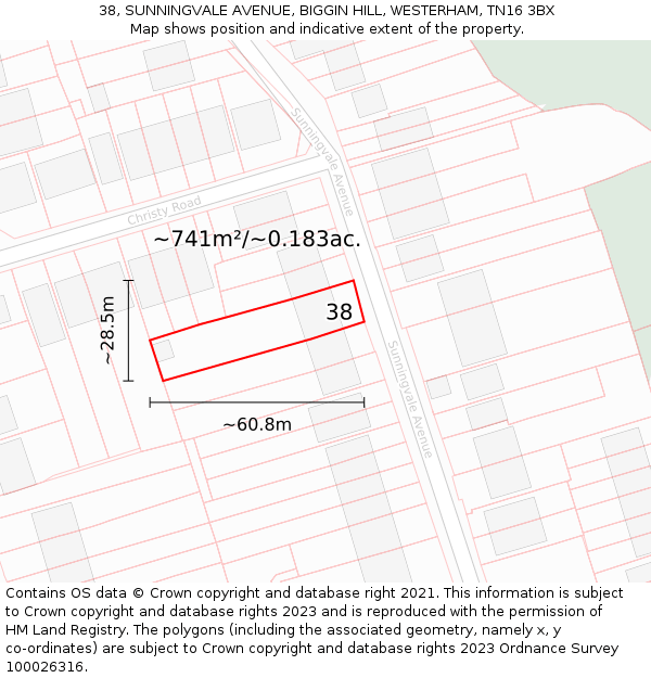 38, SUNNINGVALE AVENUE, BIGGIN HILL, WESTERHAM, TN16 3BX: Plot and title map