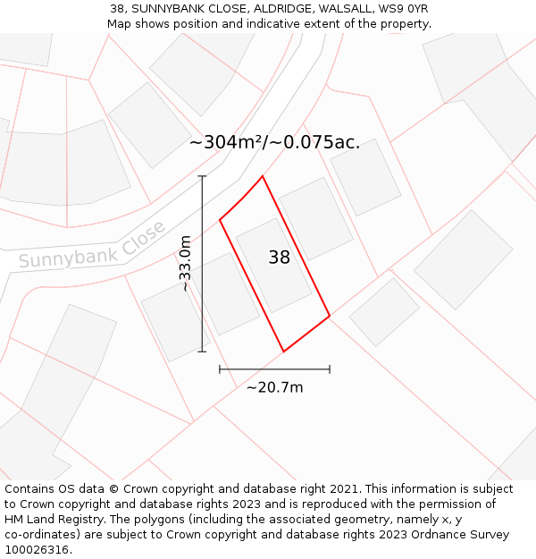 38, SUNNYBANK CLOSE, ALDRIDGE, WALSALL, WS9 0YR: Plot and title map