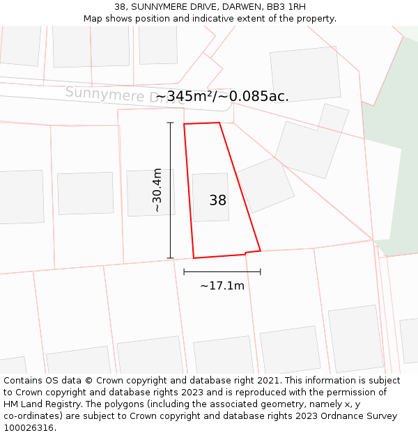 38, SUNNYMERE DRIVE, DARWEN, BB3 1RH: Plot and title map