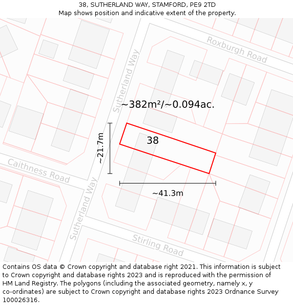 38, SUTHERLAND WAY, STAMFORD, PE9 2TD: Plot and title map