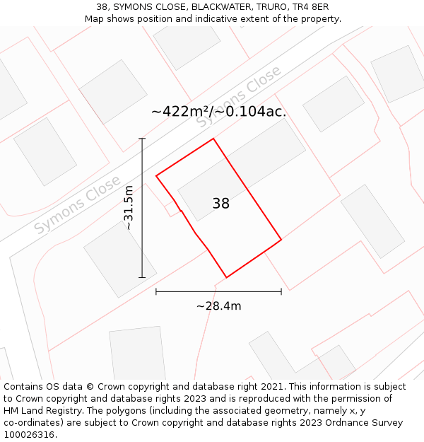 38, SYMONS CLOSE, BLACKWATER, TRURO, TR4 8ER: Plot and title map