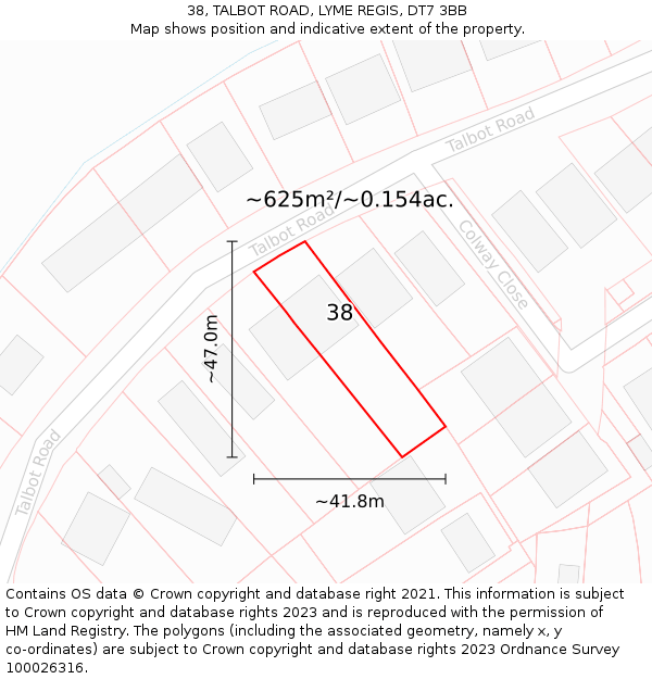 38, TALBOT ROAD, LYME REGIS, DT7 3BB: Plot and title map