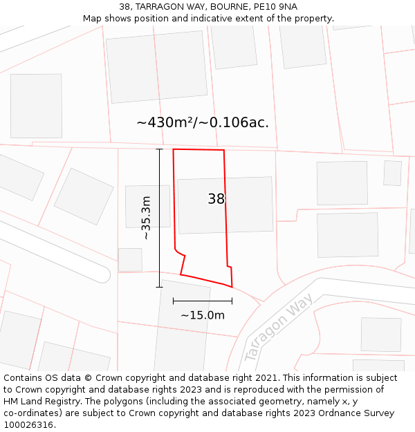 38, TARRAGON WAY, BOURNE, PE10 9NA: Plot and title map