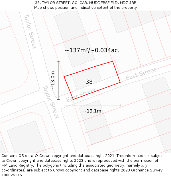 38, TAYLOR STREET, GOLCAR, HUDDERSFIELD, HD7 4BR: Plot and title map