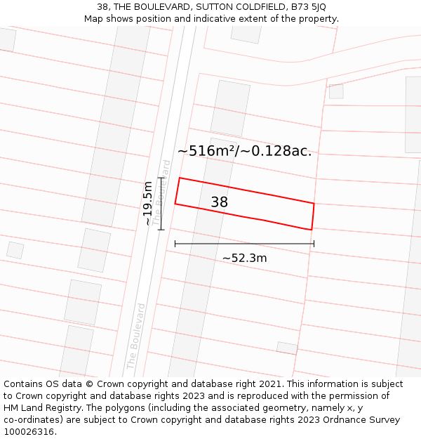 38, THE BOULEVARD, SUTTON COLDFIELD, B73 5JQ: Plot and title map