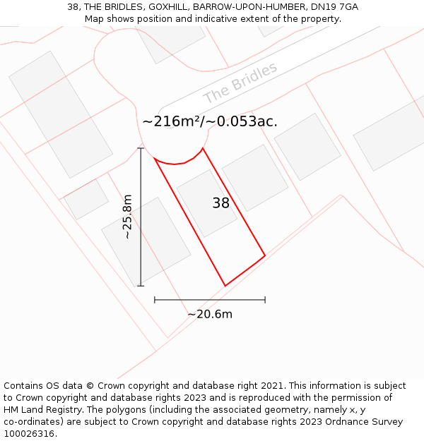 38, THE BRIDLES, GOXHILL, BARROW-UPON-HUMBER, DN19 7GA: Plot and title map