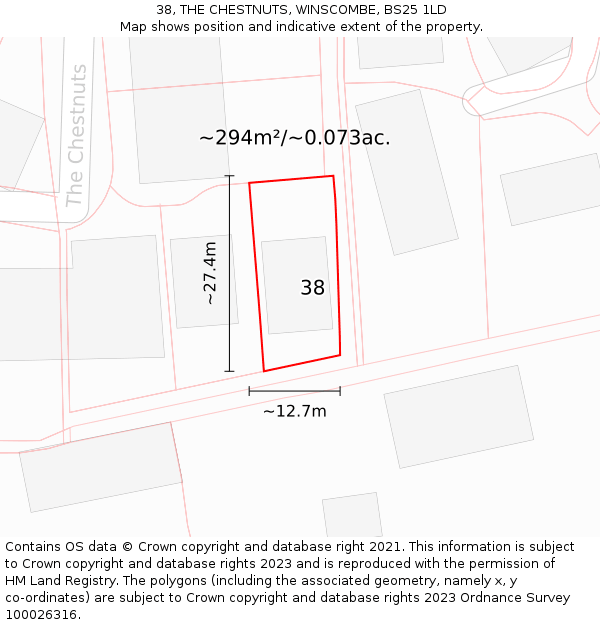 38, THE CHESTNUTS, WINSCOMBE, BS25 1LD: Plot and title map