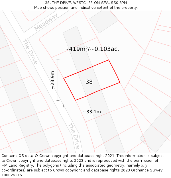 38, THE DRIVE, WESTCLIFF-ON-SEA, SS0 8PN: Plot and title map