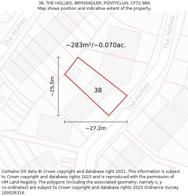38, THE HOLLIES, BRYNSADLER, PONTYCLUN, CF72 9BA: Plot and title map