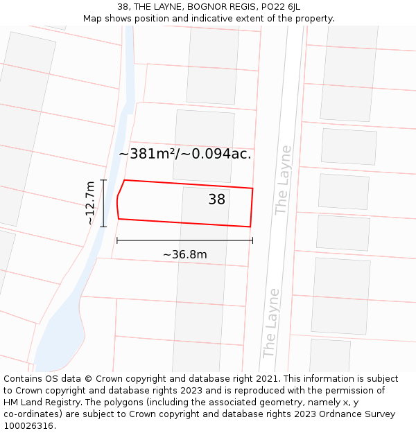 38, THE LAYNE, BOGNOR REGIS, PO22 6JL: Plot and title map