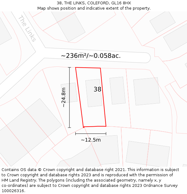 38, THE LINKS, COLEFORD, GL16 8HX: Plot and title map