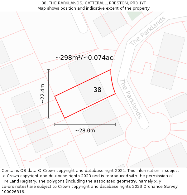38, THE PARKLANDS, CATTERALL, PRESTON, PR3 1YT: Plot and title map