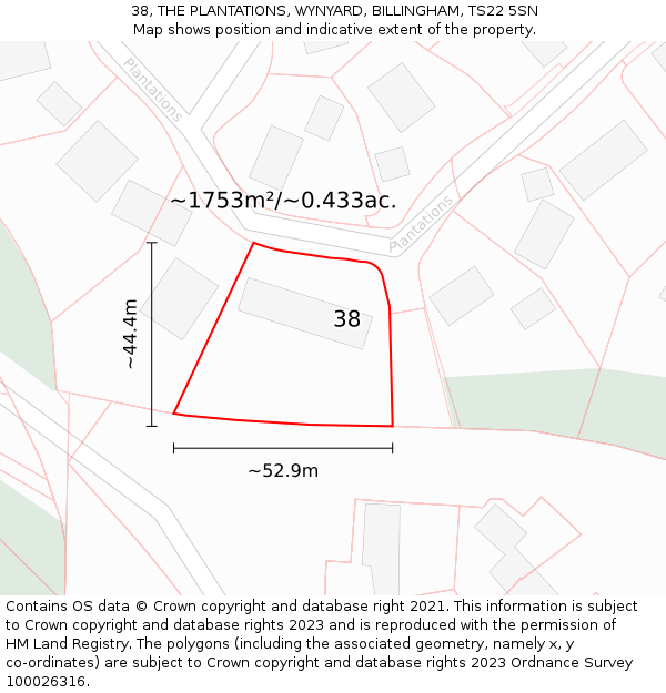 38, THE PLANTATIONS, WYNYARD, BILLINGHAM, TS22 5SN: Plot and title map